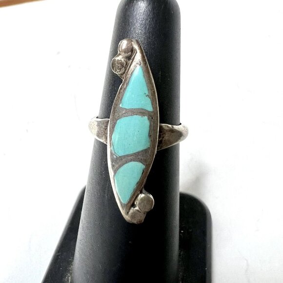 Vintage Sterling Turquoise Inlay Ring Size 4.75 - Picture 4 of 6